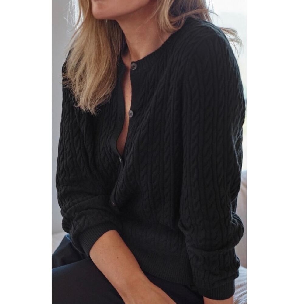J Jill Cable Knit Cardigan Sweater Black Button Front Size XL Classic Minimalist